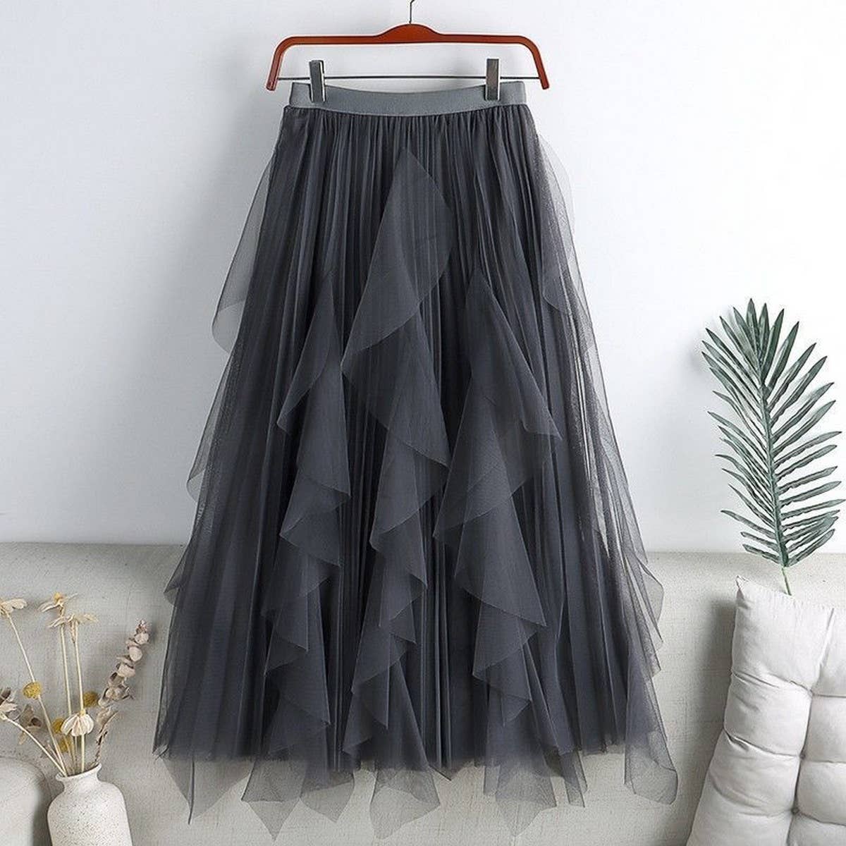 ACCITY - TULLE SKIRT MID-LENGTH HIGH WAIST PLEATED SKIRT_CWBLS0397