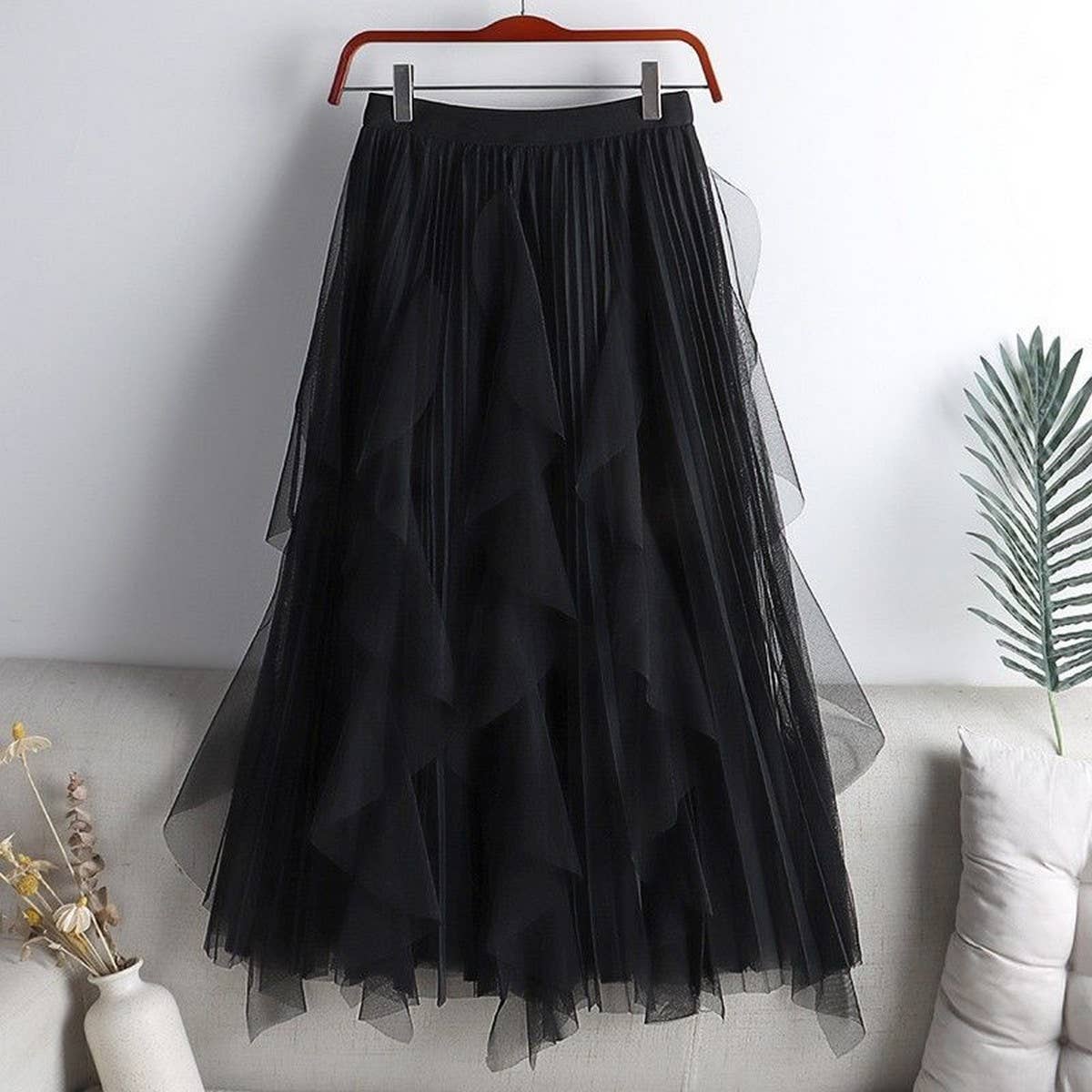 ACCITY - TULLE SKIRT MID-LENGTH HIGH WAIST PLEATED SKIRT_CWBLS0397