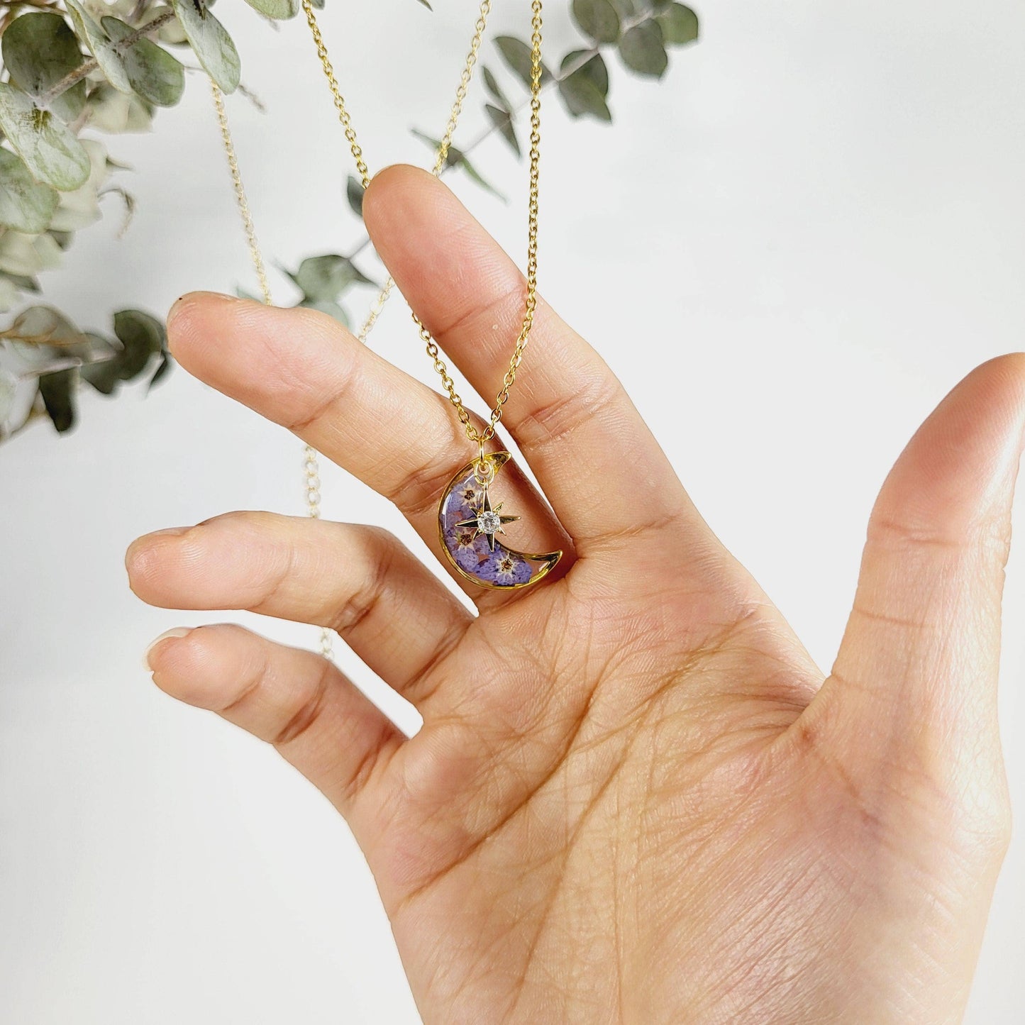 Rhodonco - Forget-me-nots Moon Star Pressed Flower Necklace