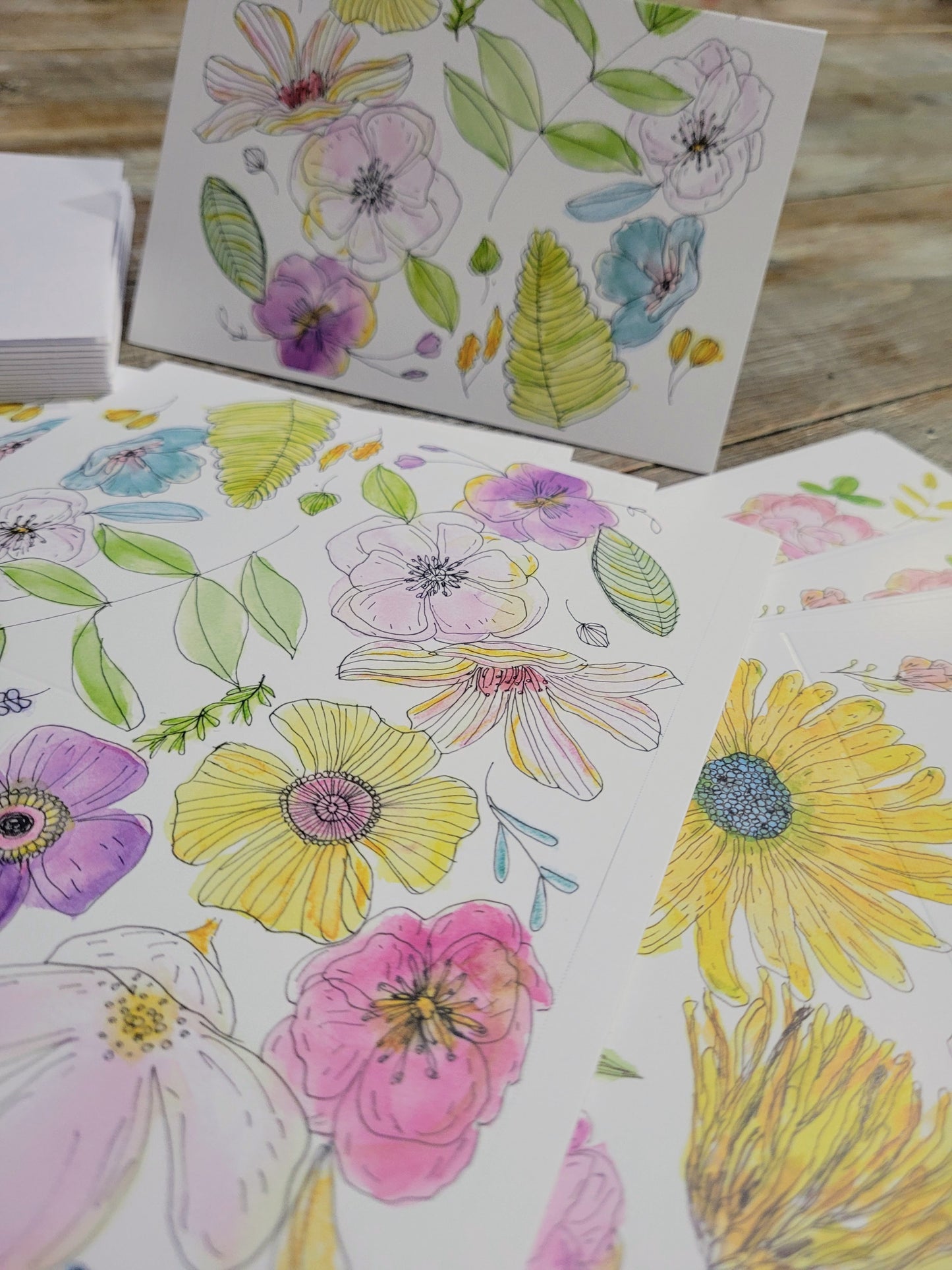 6 Floral Cards / *Free shipping* / frameable greeting card / envelopes snail mail / blank inside / watercolor / gift set / whimisical / notepad / bookmark set